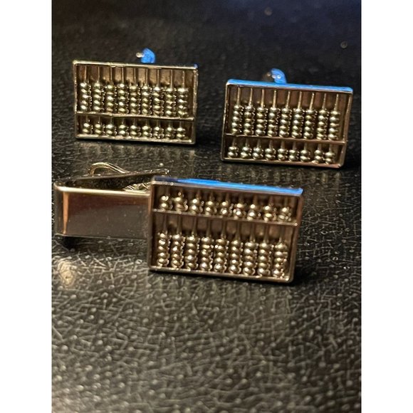 Vintage Miniature Working Abacus Sterling Silver Cuff Links And Tie Clips Retro - Picture 1 of 7